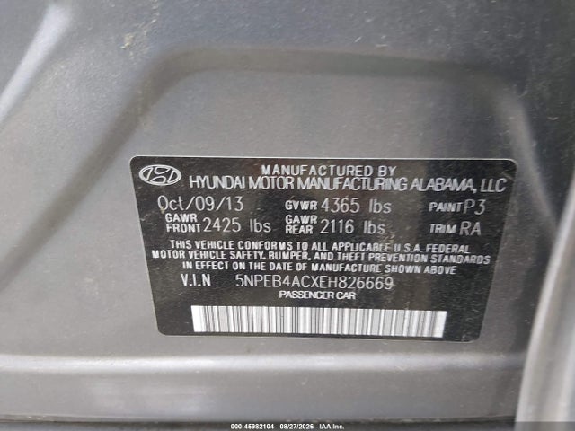Продажа на аукционе авто 2014 Hyundai Sonata Gls, vin: 5NPEB4ACXEH826669, номер лота: 45982104