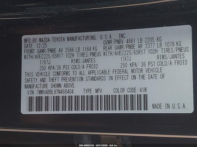 45982108 :رقم المزاد ، 7MMVABBL9TN468404 vin ، 2026 Mazda Cx-50 2.5 S Preferred مزاد بيع