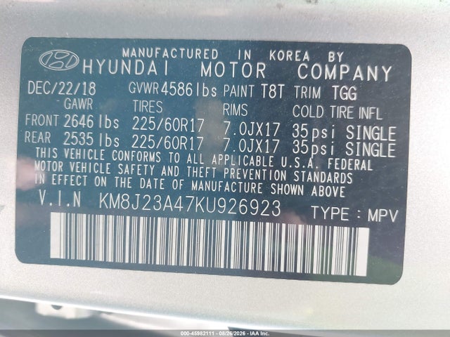 Продажа на аукционе авто 2019 Hyundai Tucson Se, vin: KM8J23A47KU926923, номер лота: 45982111