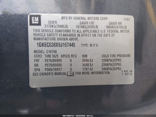 Продаж на аукціоні авто 2008 Gmc Yukon Denali, vin: 1GKEC638X8J167445, номер лоту: 45982121