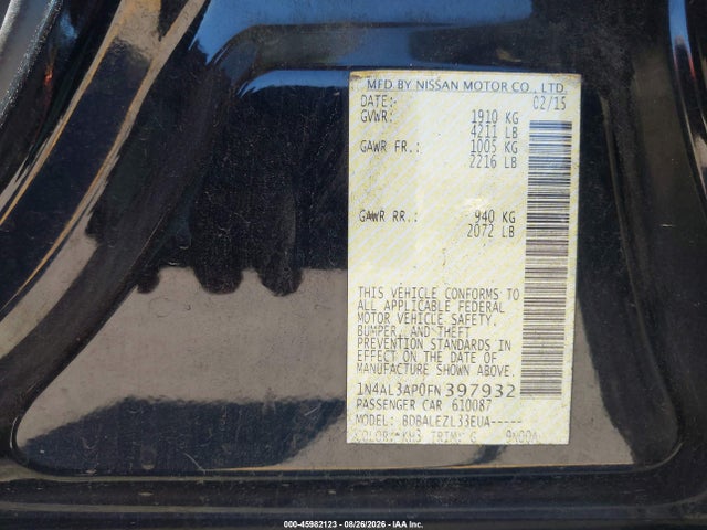 45982123 :رقم المزاد ، 1N4AL3AP0FN397932 vin ، 2015 Nissan Altima 2.5/2.5 S/2.5 Sl/2.5 Sv مزاد بيع