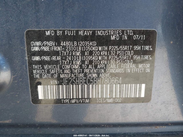 2011 Subaru Forester 2.5x Limited მანქანა იყიდება აუქციონზე, vin: JF2SHBEC5BH780664, აუქციონის ნომერი: 45982141
