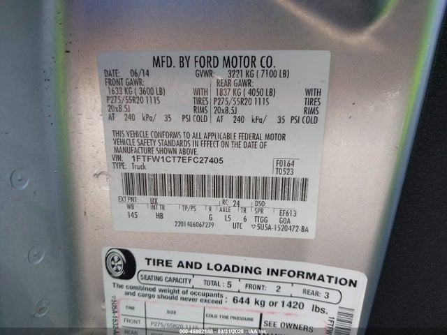 2014 Ford F-150 Lariat მანქანა იყიდება აუქციონზე, vin: 1FTFW1CT7EFC27405, აუქციონის ნომერი: 45982148