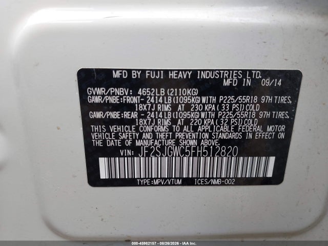 Aukcja sprzedaży 2015 Subaru Forester 2.0xt Touring, vin: JF2SJGWC5FH512820, numer aukcji: 45982157