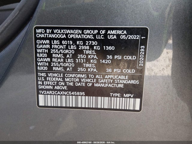 Продаж на аукціоні авто 2022 Volkswagen Atlas 3.6l V6 Sel R-line, vin: 1V2AR2CAXNC545895, номер лоту: 45982160