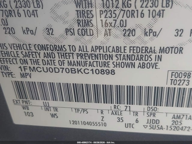 Продаж на аукціоні авто 2011 Ford Escape Xlt, vin: 1FMCU0D70BKC10898, номер лоту: 45982174