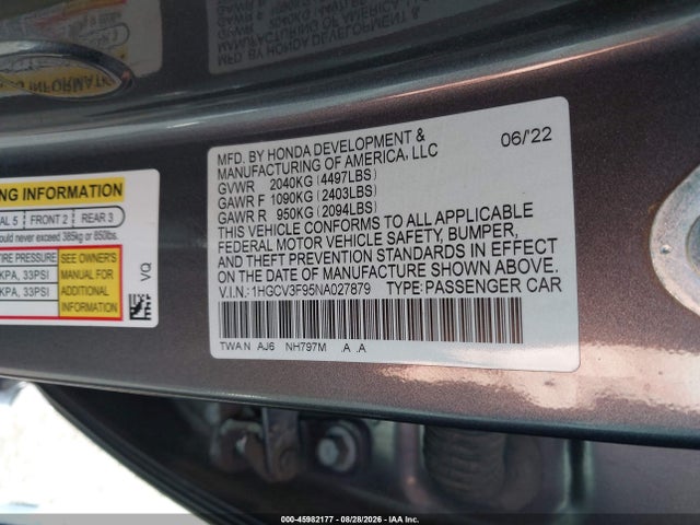 Продаж на аукціоні авто 2022 Honda Accord Hybrid Touring, vin: 1HGCV3F95NA027879, номер лоту: 45982177