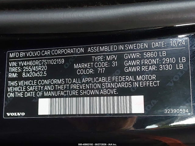 Auction sale of the 2025 Volvo Xc60 Plug-in Hybrid Plus, T8 Awd Electric/gasoline, Dark, vin: YV4H60RC7S1102159, lot number: 45982192