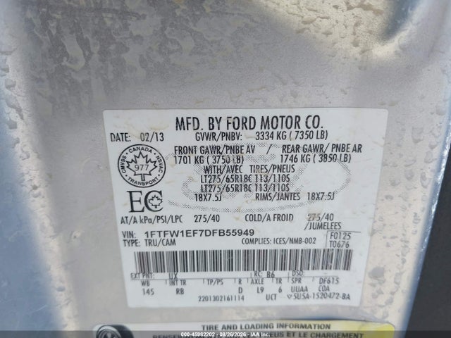 45982202 :رقم المزاد ، 1FTFW1EF7DFB55949 vin ، 2013 Ford F-150 Fx4 مزاد بيع