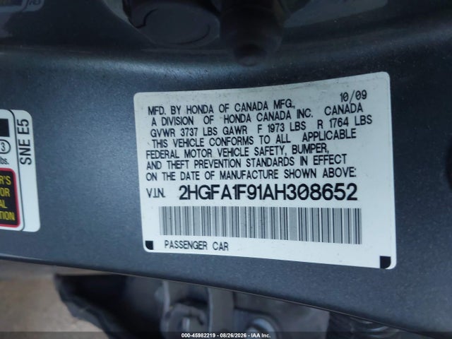 Aukcja sprzedaży 2010 Honda Civic Ex-l, vin: 2HGFA1F91AH308652, numer aukcji: 45982219