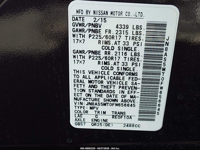 Продаж на аукціоні авто 2015 Nissan Rogue Select S, vin: JN8AS5MT0FW656645, номер лоту: 45982220