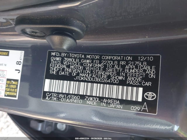Aukcja sprzedaży 2011 Toyota Prius Two, vin: JTDKN3DU3B0264700, numer aukcji: 45982234