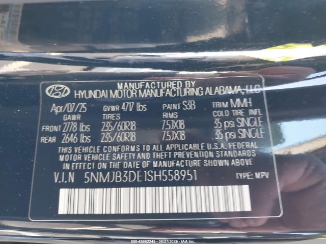 Продаж на аукціоні авто 2025 Hyundai Tucson Sel, vin: 5NMJB3DE1SH558951, номер лоту: 45982245