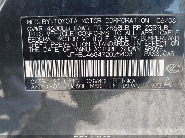 Aukcja sprzedaży 2007 Lexus Es 350, vin: JTHBJ46G472025403, numer aukcji: 45982262