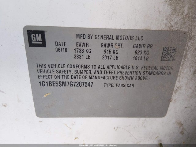 45982267 :رقم المزاد ، 1G1BE5SM7G7287547 vin ، 2016 Chevrolet Cruze Lt Auto مزاد بيع