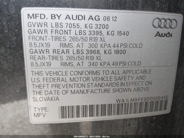 Продажа на аукционе авто 2013 Audi Q7 3.0 Tdi Premium, vin: WA1LMAFE0DD000440, номер лота: 45982273
