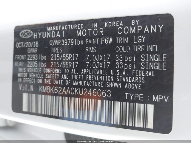 45982293 :رقم المزاد ، KM8K62AA0KU246063 vin ، 2019 Hyundai Kona Sel مزاد بيع