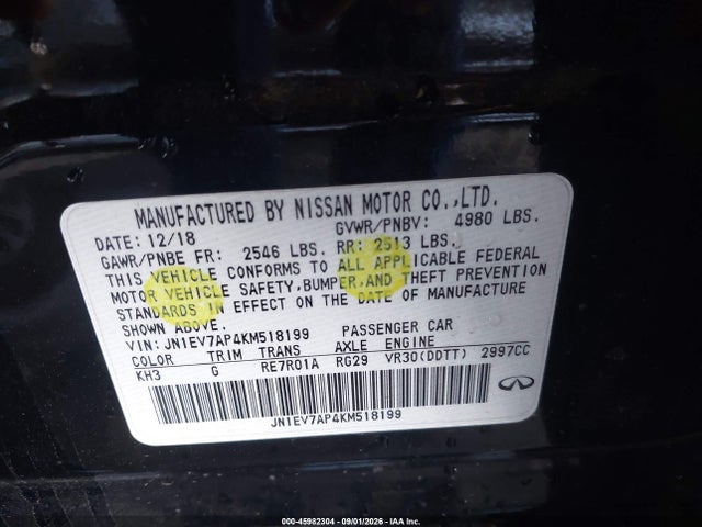 45982304 :رقم المزاد ، JN1EV7AP4KM518199 vin ، 2019 Infiniti Q50 3.0t Luxe مزاد بيع
