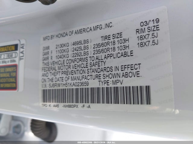 Honda CR-V EX 2019 5J6RW1H51KA023659 Image 9