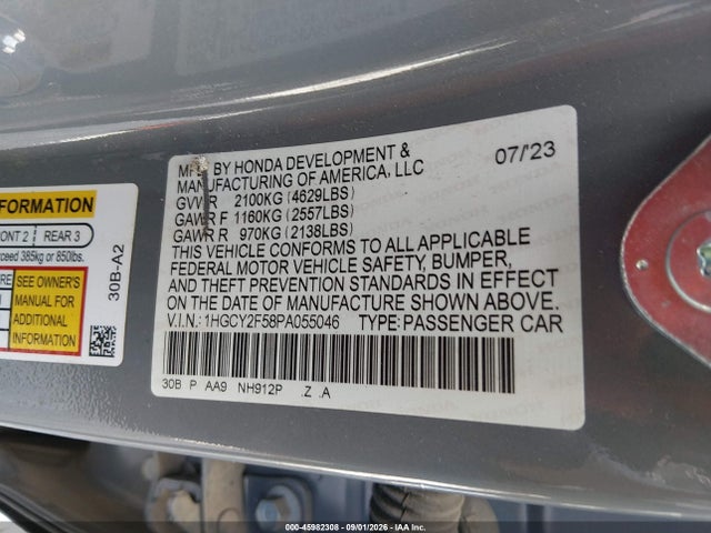 45982308 :رقم المزاد ، 1HGCY2F58PA055046 vin ، 2023 Honda Accord Hybrid Sport مزاد بيع