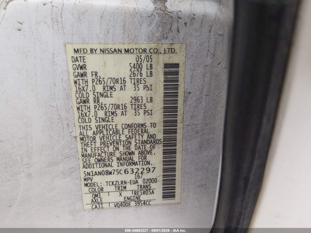 Aukcja sprzedaży 2005 Nissan Xterra S, vin: 5N1AN08W75C632297, numer aukcji: 45982327