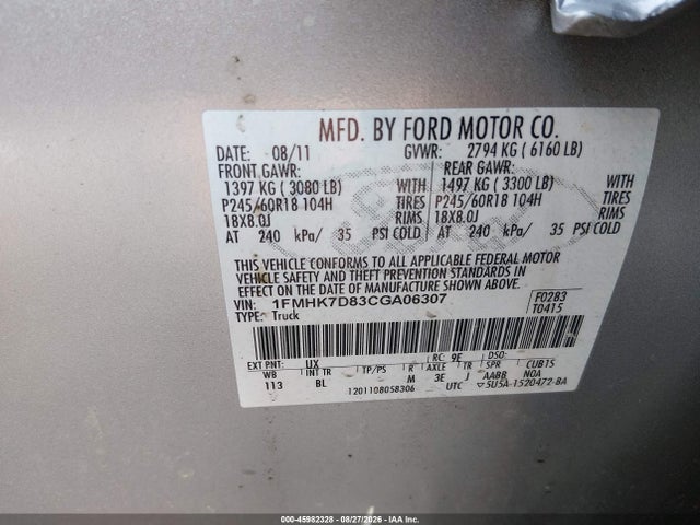 45982328 :رقم المزاد ، 1FMHK7D83CGA06307 vin ، 2012 Ford Explorer Xlt مزاد بيع
