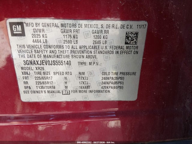 Продаж на аукціоні авто 2018 Chevrolet Equinox Lt, vin: 3GNAXJEV0JS555140, номер лоту: 45982352
