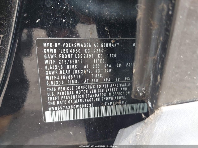 Aukcja sprzedaży 2012 Volkswagen Tiguan S, vin: WVGBV7AX5CW605238, numer aukcji: 45982353