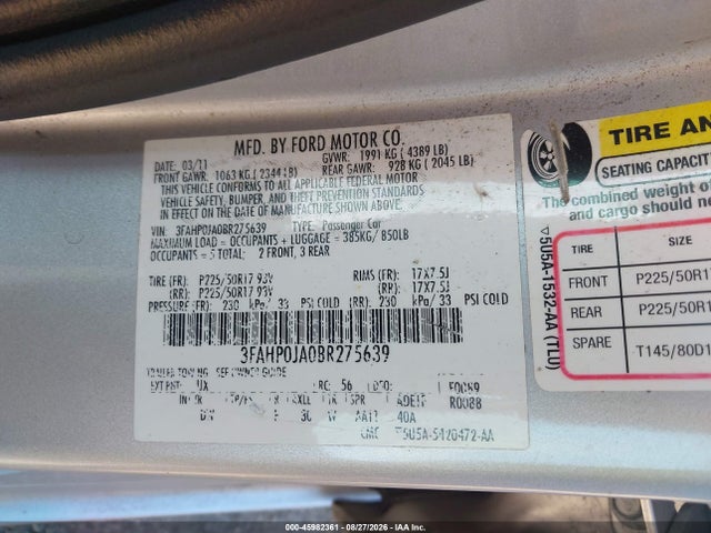 Aukcja sprzedaży 2011 Ford Fusion Sel, vin: 3FAHP0JA0BR275639, numer aukcji: 45982361