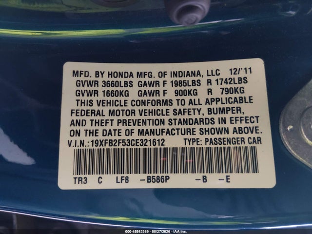Aukcja sprzedaży 2012 Honda Civic Lx, vin: 19XFB2F53CE321612, numer aukcji: 45982369