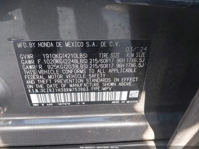 3CZRZ1H38RM753863 Honda Hr-v 2wd Lx