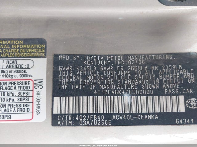 Продажа на аукционе авто 2007 Toyota Camry Le, vin: 4T1BE46K47U500090, номер лота: 45982379