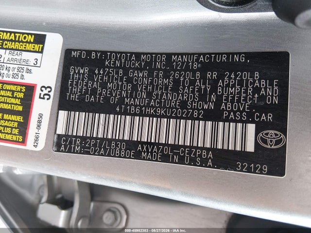 Auction sale of the 2019 Toyota Camry Xse, vin: 4T1B61HK9KU202782, lot number: 45982383