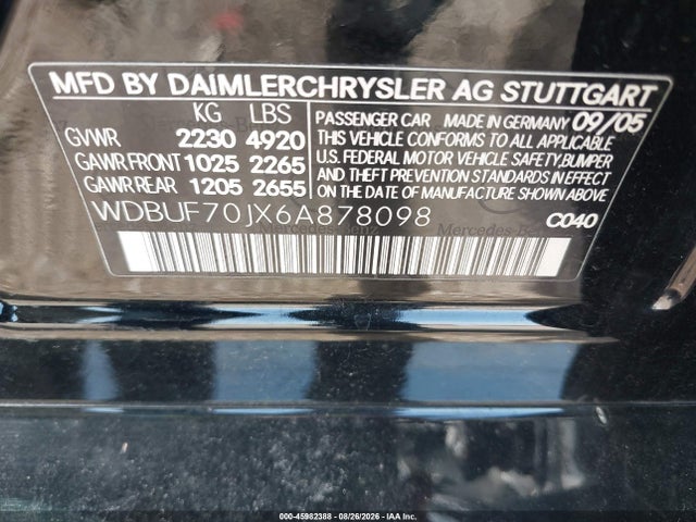 2006 Mercedes-benz E 500 მანქანა იყიდება აუქციონზე, vin: WDBUF70JX6A878098, აუქციონის ნომერი: 45982388