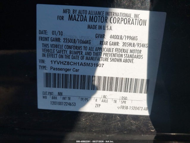45982391 :رقم المزاد ، 1YVHZ8CH1A5M31907 vin ، 2010 Mazda Mazda6 I Grand Touring مزاد بيع
