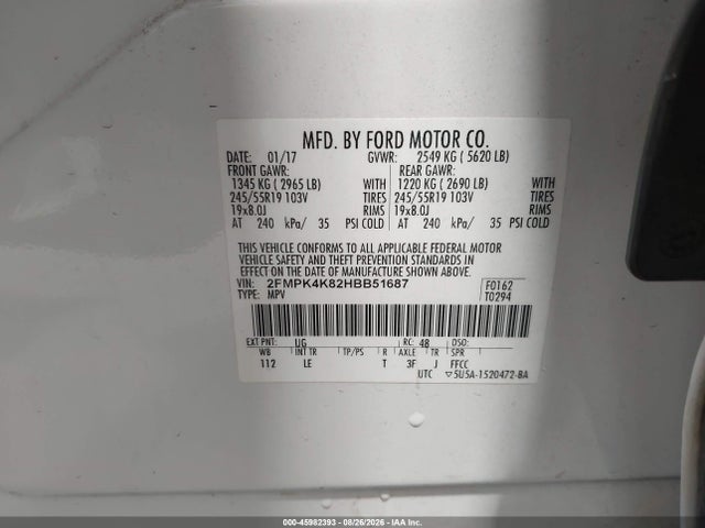 45982393 :رقم المزاد ، 2FMPK4K82HBB51687 vin ، 2017 Ford Edge Titanium مزاد بيع