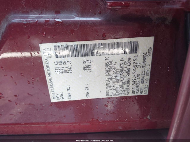 Продаж на аукціоні авто 2012 Nissan Altima 2.5 S, vin: 1N4AL2AP2CN546251, номер лоту: 45982402