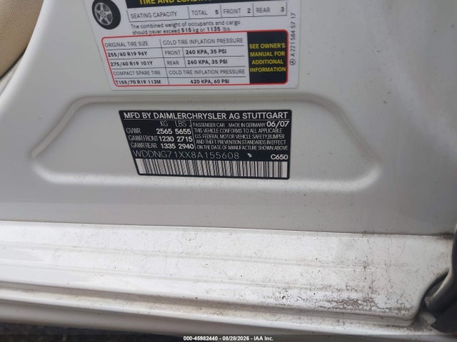 45982440 :رقم المزاد ، WDDNG71XX8A155608 vin ، 2008 Mercedes-benz S 550 مزاد بيع
