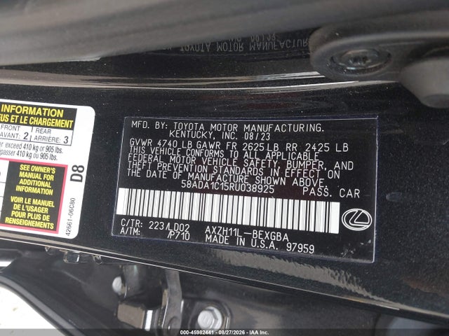 2024 Lexus Es 300h მანქანა იყიდება აუქციონზე, vin: 58ADA1C15RU038925, აუქციონის ნომერი: 45982441