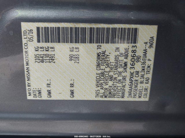 45982463 :رقم المزاد ، 1N4AA6APXHC360683 vin ، 2017 Nissan Maxima 3.5 Sr مزاد بيع