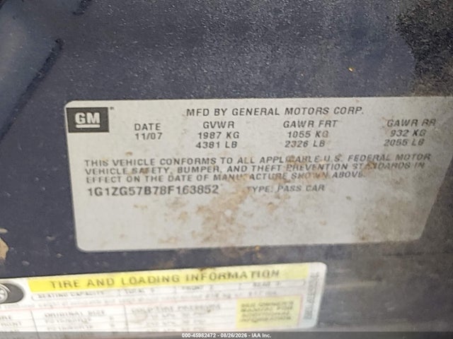 2008 Chevrolet Malibu Ls W/1ls მანქანა იყიდება აუქციონზე, vin: 1G1ZG57B78F163852, აუქციონის ნომერი: 45982472