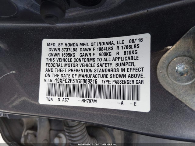 45982477 :رقم المزاد ، 19XFC2F51GE069216 vin ، 2016 Honda Civic Lx مزاد بيع