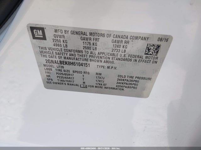 2017 Chevrolet Equinox Ls მანქანა იყიდება აუქციონზე, vin: 2GNALBEK8H6104151, აუქციონის ნომერი: 45982486