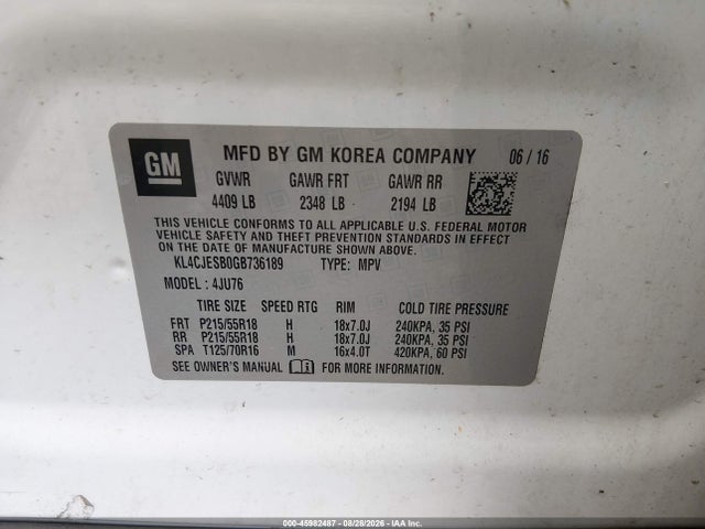 2016 Buick Encore მანქანა იყიდება აუქციონზე, vin: KL4CJESB0GB736189, აუქციონის ნომერი: 45982487