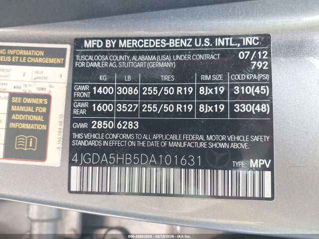 Продаж на аукціоні авто 2013 Mercedes-benz Ml 350 4matic, vin: 4JGDA5HB5DA101631, номер лоту: 45982500