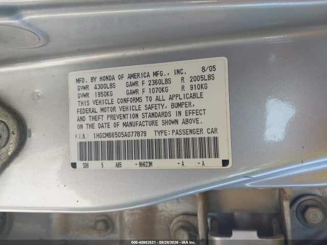 2005 Honda Accord 3.0 Ex მანქანა იყიდება აუქციონზე, vin: 1HGCM66505A077879, აუქციონის ნომერი: 45982521
