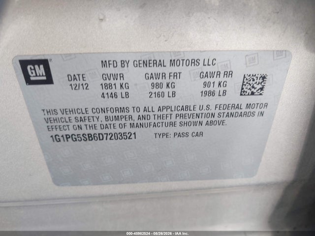 2013 Chevrolet Cruze Ltz მანქანა იყიდება აუქციონზე, vin: 1G1PG5SB6D7203521, აუქციონის ნომერი: 45982524