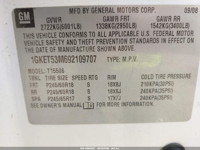 Aukcja sprzedaży 2009 Gmc Envoy Denali, vin: 1GKET53M692109707, numer aukcji: 45982537