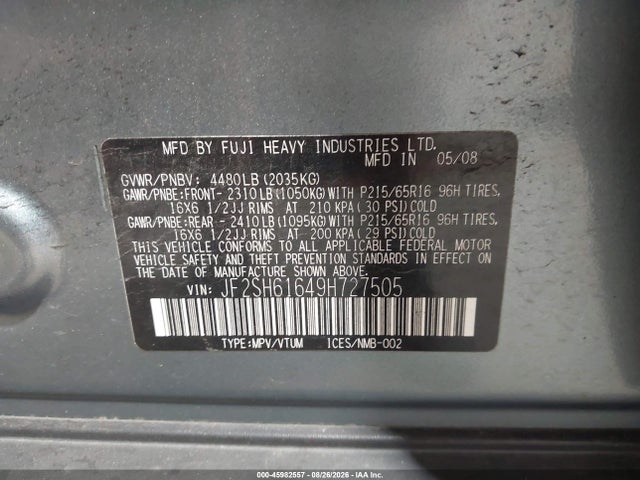 Продажа на аукционе авто 2009 Subaru Forester 2.5x, vin: JF2SH61649H727505, номер лота: 45982557