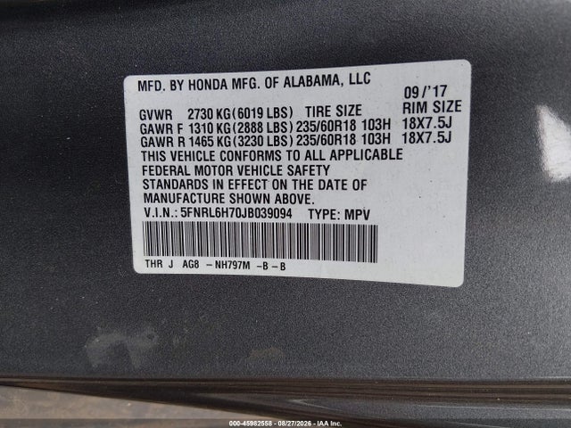 Продажа на аукционе авто 2018 Honda Odyssey Ex-l, vin: 5FNRL6H70JB039094, номер лота: 45982558